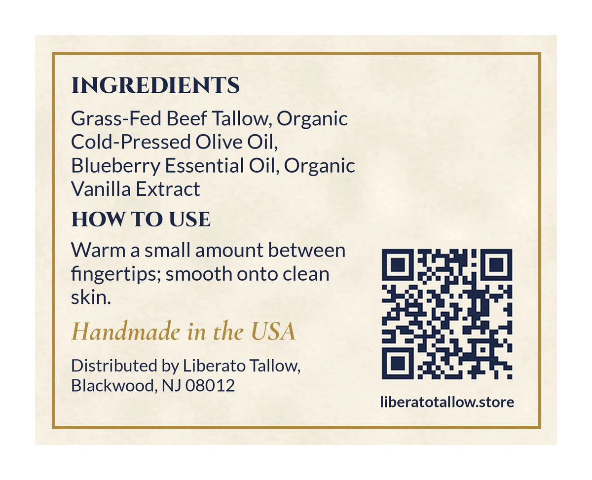 Whipped Blueberry & Vanilla Tallow Lotion 2oz label – back