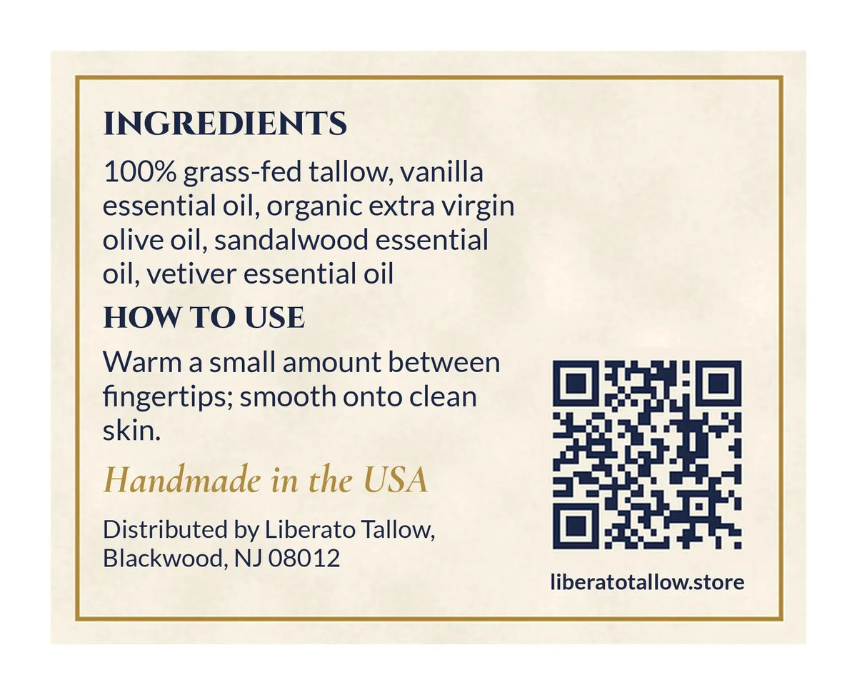 Whipped Sandalwood Vanilla Tallow Lotion 2oz label – back