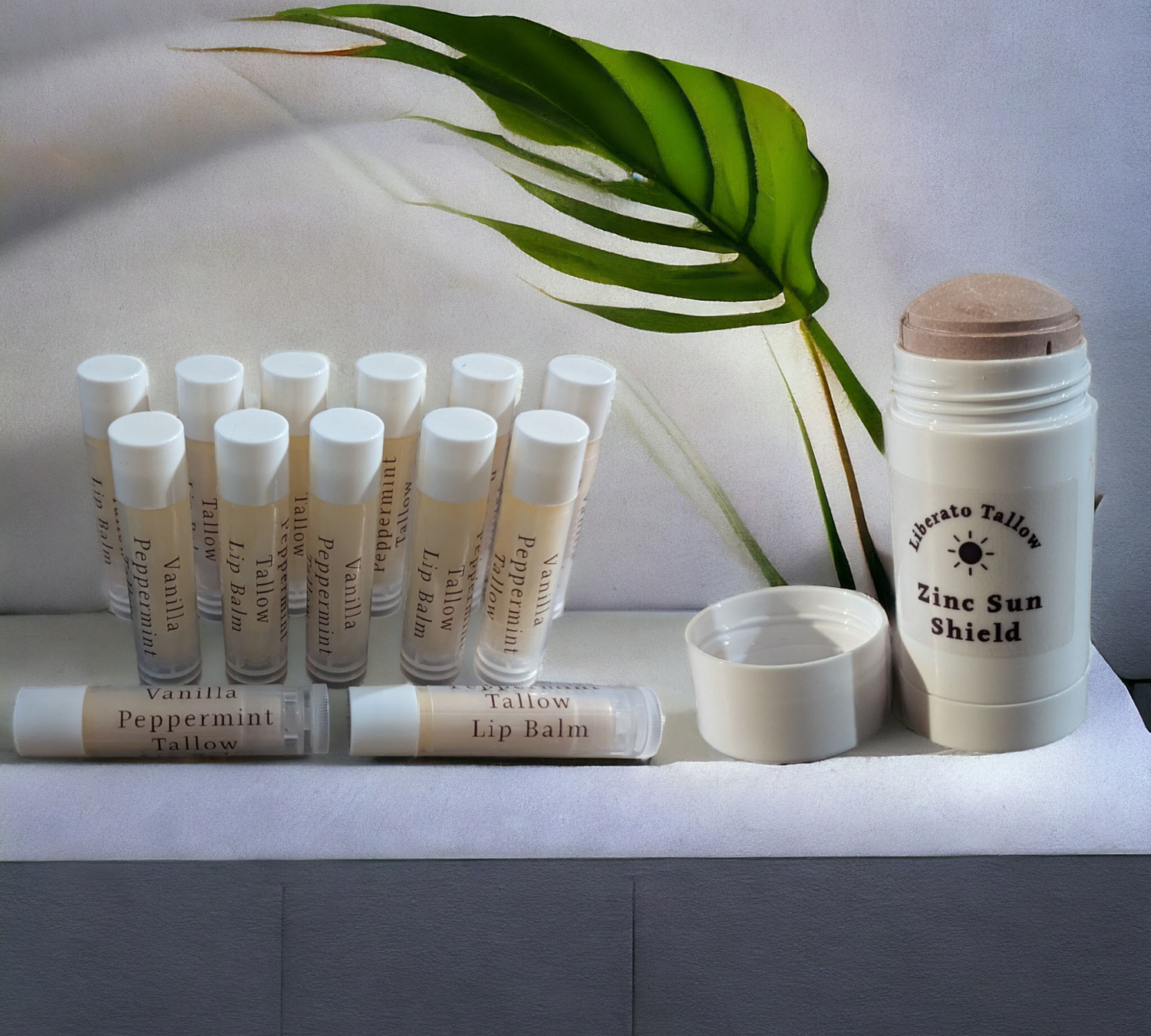 Tallow Lip Balm next to Zinc Sun Shield Stick