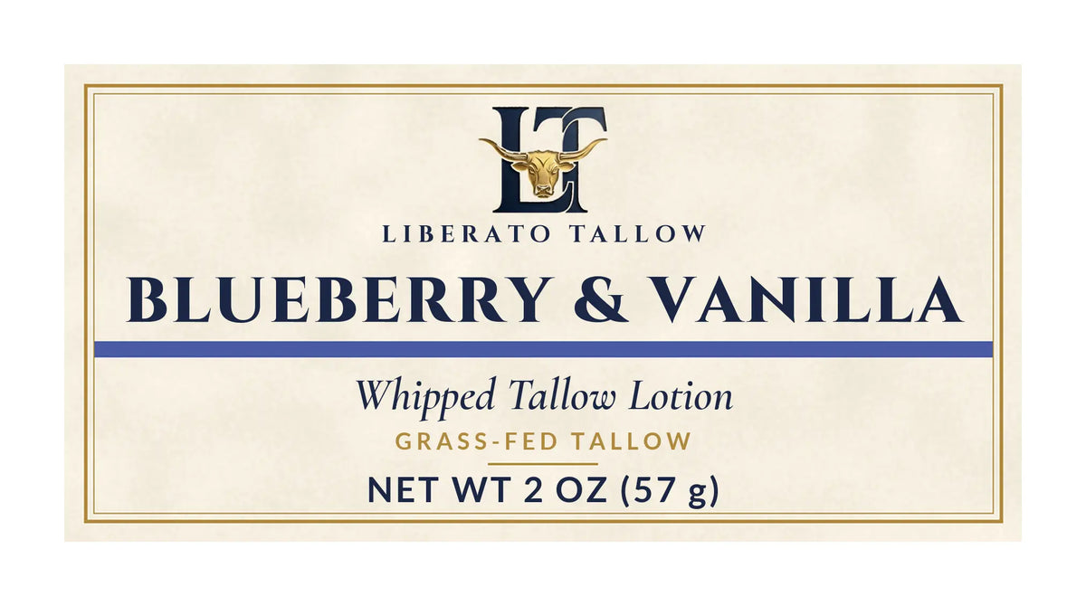 Whipped Blueberry & Vanilla Tallow Lotion 2oz label – front
