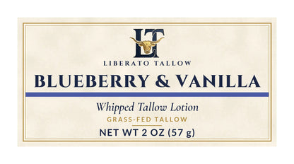 Whipped Blueberry & Vanilla Tallow Lotion 2oz label – front