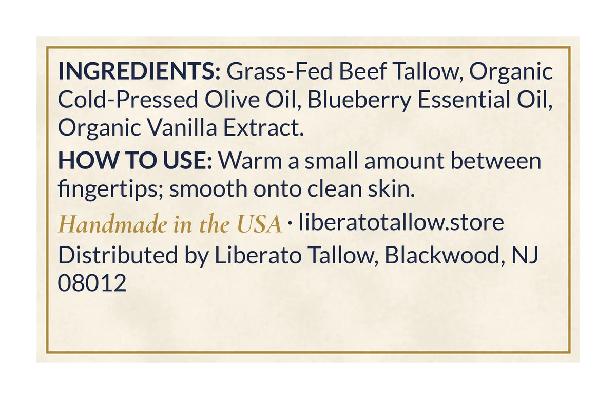 Whipped Blueberry & Vanilla Tallow Lotion 4oz label – back