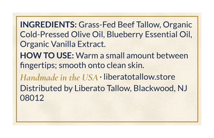 Whipped Blueberry & Vanilla Tallow Lotion 4oz label – back