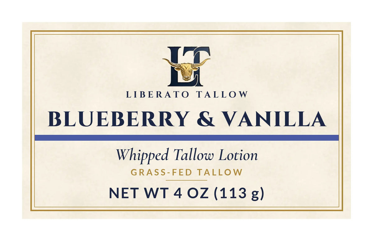 Whipped Blueberry & Vanilla Tallow Lotion 4oz label – front