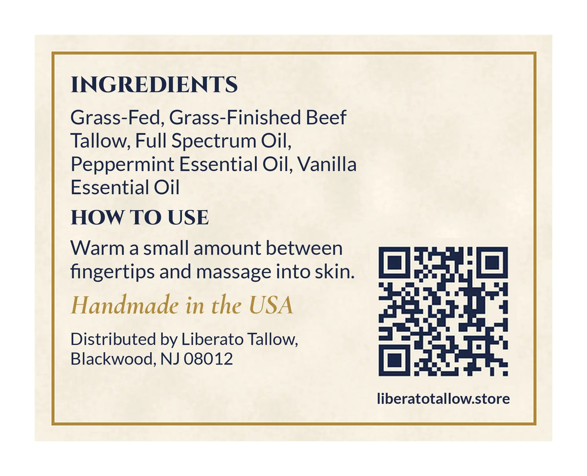 Infused Pasture Peace Vanilla Peppermint Tallow Lotion label – back