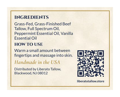 Infused Pasture Peace Vanilla Peppermint Tallow Lotion label – back