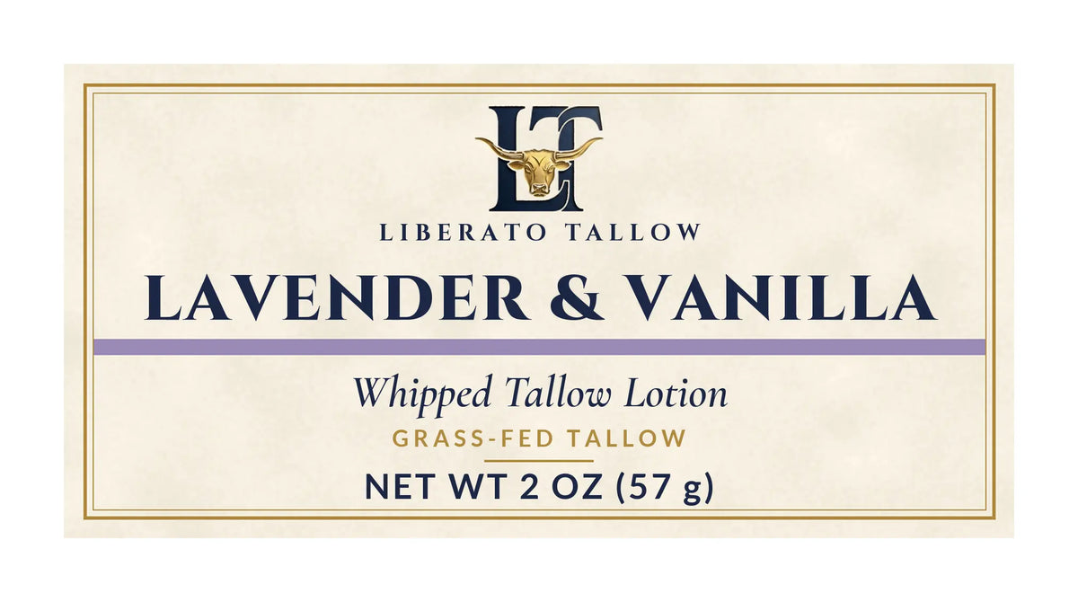 Whipped Lavender Vanilla Tallow Lotion 2oz label – front