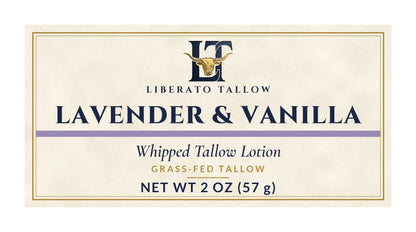 Whipped Lavender Vanilla Tallow Lotion 2oz label – front