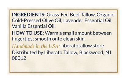 Whipped Lavender Vanilla Tallow Lotion 4oz label – back