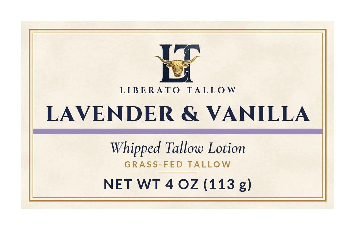 Whipped Lavender Vanilla Tallow Lotion 4oz label – front