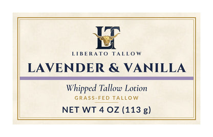 Whipped Lavender Vanilla Tallow Lotion 4oz label – front