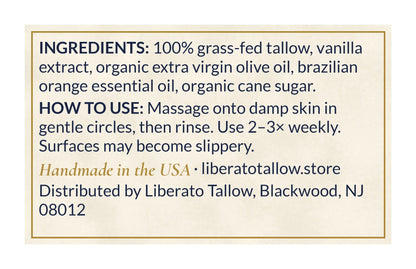 Orange Creamsicle Tallow Sugar Scrub 4oz label – back