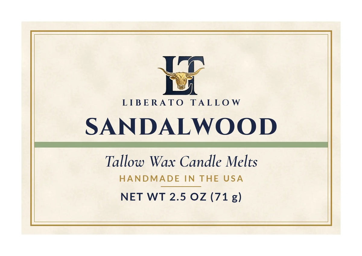 Tallow Wax Candle Melts Sandalwood label – front