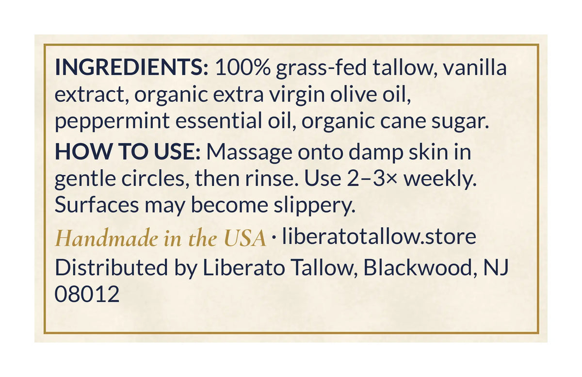 Vanilla Peppermint Tallow Sugar Scrub 4oz label – back