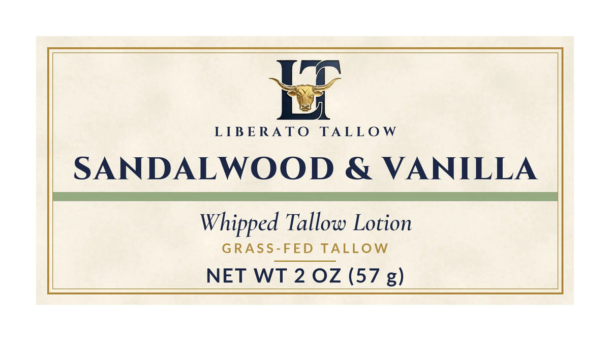 Whipped Sandalwood Vanilla Tallow Lotion 2oz label – front