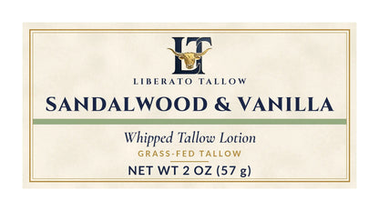 Whipped Sandalwood Vanilla Tallow Lotion 2oz label – front