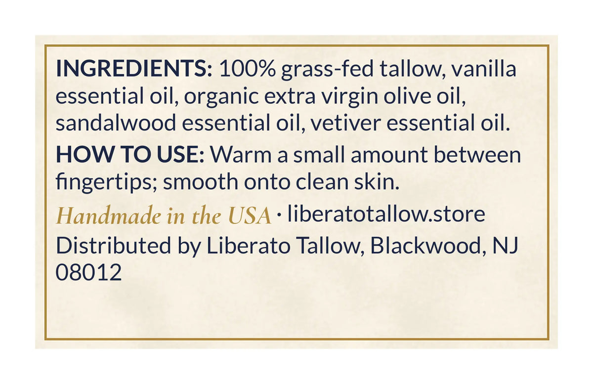 Whipped Sandalwood Vanilla Tallow Lotion 4oz label – back