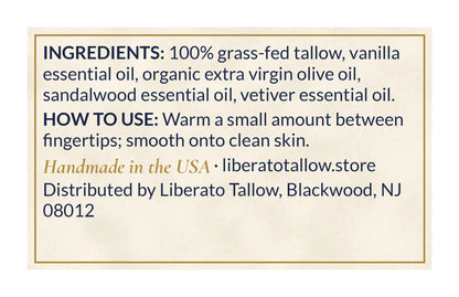Whipped Sandalwood Vanilla Tallow Lotion 4oz label – back