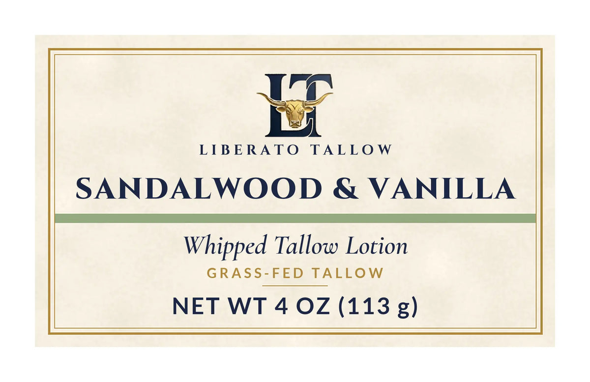 Whipped Sandalwood Vanilla Tallow Lotion 4oz label – front