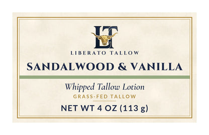 Whipped Sandalwood Vanilla Tallow Lotion 4oz label – front