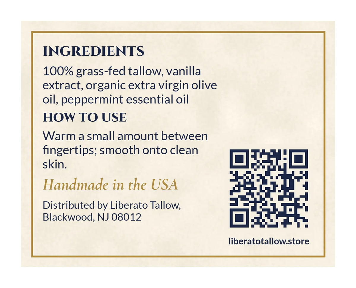 Whipped Vanilla Peppermint Tallow Natural Lotion 2oz label – back