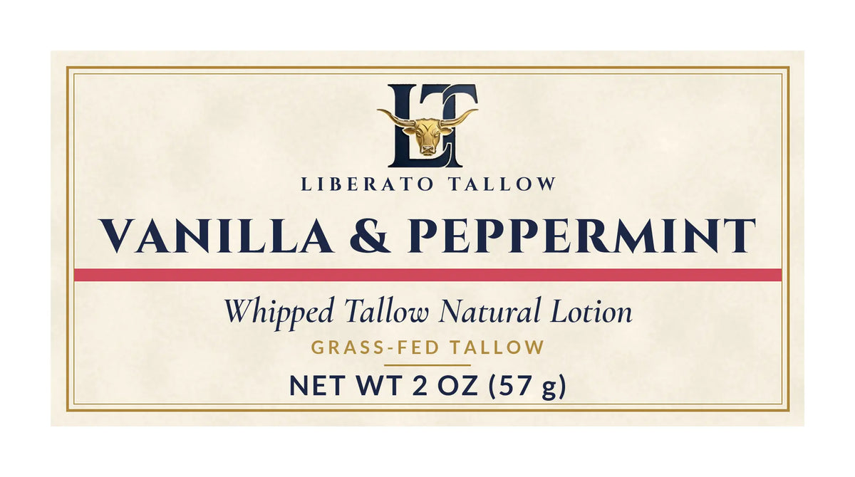 Whipped Vanilla Peppermint Tallow Natural Lotion 2oz label – front