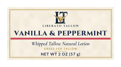 Whipped Vanilla Peppermint Tallow Natural Lotion 2oz label – front