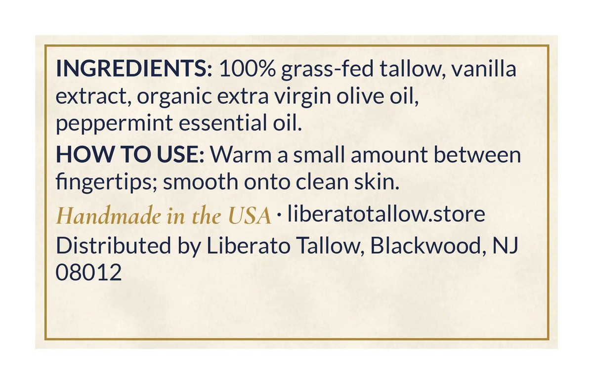 Whipped Vanilla Peppermint Tallow Natural Lotion 4oz label – back