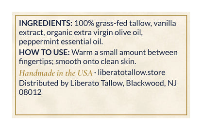 Whipped Vanilla Peppermint Tallow Natural Lotion 4oz label – back