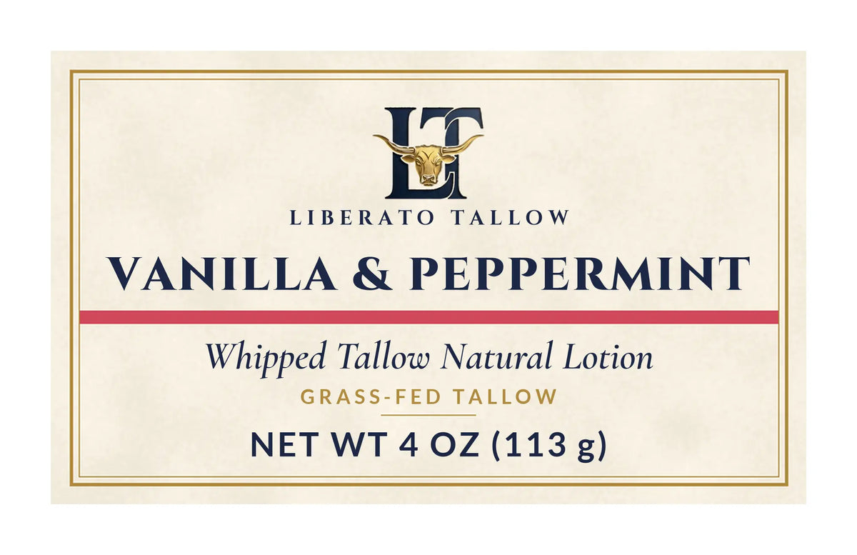 Whipped Vanilla Peppermint Tallow Natural Lotion 4oz label – front