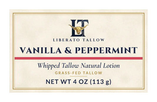 Whipped Vanilla Peppermint Tallow Natural Lotion 4oz label – front